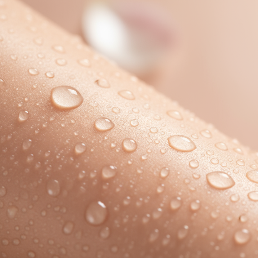 Ein ästhetisches, minimalistisches Bild, das intensive Feuchtigkeit und gesunde, strahlende Haut vermittelt – natürliche Texturen wie Wassertropfen, Lichtreflexe und sanfte Pastelltöne, warme Atmosphäre, luxuriös und frisch.